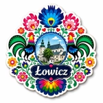 Pamiątkowy magnes Łowicz z motywem kościoła, kwiatów i kogutów