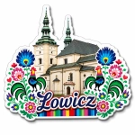 Pamiątkowy magnes Łowicz z motywem kościoła, kwiatów i kogutów ludowych