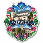 Pamiątkowy magnes Łowicz z motywem kościoła i ratusza
