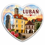 Pamiątkowy magnes Lubań z motywem starego miasta