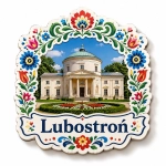 Magnes pamiątkowy Lubostroń z pałacem, białym budynkiem, zielonym dachem, kolumnami i kwiatowym ogrodem