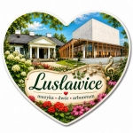 Magnes pamiątkowy Lusławice z motywem muzyki, dworu i arboretum