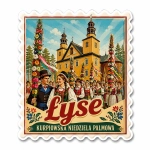 Magnes Łyse z motywem festiwalu Kurpiowska Niedziela Palmowa, tradycyjnymi strojami, kwiatowymi wiankami i drewnianą świ