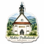 Magnes pamiątkowy Maków Podhalański z motywem Kaplicy Filasowej w otoczeniu gór i lasu