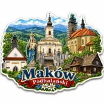 Magnes pamiątkowy Maków Podhalański z widokiem na kościół i figurę Matki Boskiej