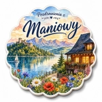 Magnes pamiątkowy z widokiem na jezioro, las i zamek w Maniowach