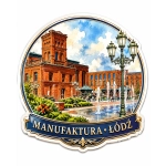 Magnes pamiątkowy przedstawiający Manufakturę w Łodzi, plac z fontanną, historyczne budynki, kwiaty i latarnie