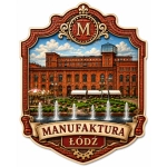 Magnes pamiątkowy Manufaktura Łódź z czerwonym magazynem, fontanną i karuzelą