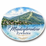 Pamiątkowy magnes Międzybrodzie Żywieckie z widokiem na jezioro i góry