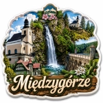 Magnes pamiątkowy Międzygórze z krajobrazem, wodospadem, kościołem i lasem