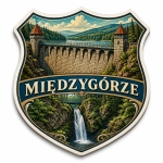 Pamiątkowy magnes Międzygórze przedstawiający most nad zaporą wodną, las i wodospad