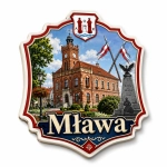 Pamiątkowy magnes Mława z widokiem na ratusz, flagi i pomnik