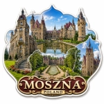 Magnes pamiątkowy przedstawiający zamek Moszna z parkiem i stawem