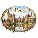 Magnes pamiątkowy z widokiem Zamku Moszna, kwiatami i odbiciem w stawie