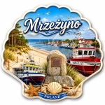 Magnes Mrzeżyno z motywem plaży, morza, łodzi rybackich i lasu sosnowego