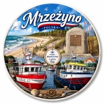 Pamiątkowy magnes Mrzeżyno z widokiem plaży i portu rybackiego
