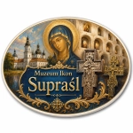 Pamiątkowy magnes Muzeum Ikon w Supraślu z ikoną Matki Boskiej, kościołem i krzyżami bizantyńskimi