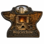 Magnes pamiątkowy Muzeum Kowalstwa w Wojciechowie z motywem pieca, narzędzi kowalskich i widoku zamku w tle