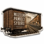 Pamiątkowy magnes Muzeum Pamięci Sybiru w Białymstoku z motywem wagonu kolejowego