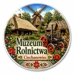 Magnes pamiątkowy z motywem Muzeum Rolnictwa w Ciechanowcu, tradycyjną wsią, wiatrakiem, stodołami i maszynami rolniczym