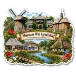 Magnes Muzeum Wsi Lubelskiej z motywem tradycyjnych budynków, wiatraka, kościoła i ogrodu