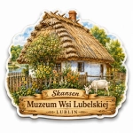 Magnes Muzeum Wsi Lubelskiej z motywem domu ze strzechą, ogrodu i kozy