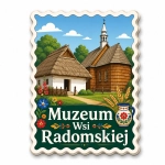 Magnes pamiątkowy Muzeum Wsi Radomskiej z motywem tradycyjnych domów wiejskich, strzechy i drewnianej kapliczki