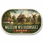 Magnes pamiątkowy Muzeum Wsi Radomskiej z tradycyjnymi domami, wiatrakami i kościołem