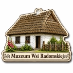 Magnes pamiątkowy Muzeum Wsi Radomskiej z tradycyjnym domem ze strzechą
