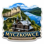Magnes pamiątkowy z widokiem na kościół i zaporę w Myczkowcach