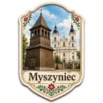 Pamiątkowy magnes Myszyniec z motywem dzwonicy