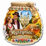 Pamiątkowy magnes z Myszyńca z motywem Miodobrania Kurpiowskiego