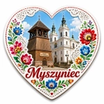Magnes pamiątkowy z motywem Wieży Myszynieckiej i kościoła w Myszyńcu