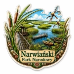 Magnes pamiątkowy Narwiański Park Narodowy z widokiem na jezioro, trawniki i mostek