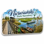 Pamiątkowy magnes Narwiański Park Narodowy z drewnianym mostem, jeziorem i trzcinami