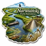 Pamiątkowy magnes Narwiański Park Narodowy z widokiem na rzekę, mostki, łodzie i ptaki