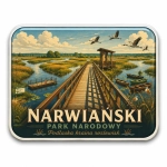 Magnes pamiątkowy Narwiański Park Narodowy z motywem jeziora, mostu, łodzi i ptaków
