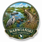 Pamiątkowy magnes Narwiański Park Narodowy z jeziorem, mostami i ptakami