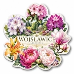 Pamiątkowy magnes Arboretum Wojsławice z motywem kwiatów i krajobrazu
