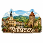 Magnes Niemcza z widokiem ratusza, kamiennej bramy, zielonych wzgórz i kwiatów