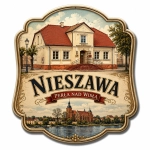 Magnes pamiątkowy Nieszawa z motywem dworu z czerwoną dachówką i kościoła nad Wisłą