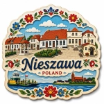 Magnes Nieszawa z panoramą miasta, tradycyjnymi domami, parkiem i widokiem na rzekę