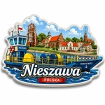 Magnes pamiątkowy Nieszawa z motywem miasta, historycznymi budynkami i statkiem promowym na Wiśle