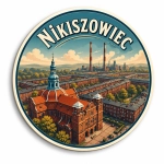 Magnes pamiątkowy z widokiem na Nikiszowiec, kościół i zabudowę mieszkalną