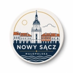Pamiątkowy magnes Nowy Sącz przedstawiający ratusz i kościół