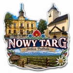 Magnes Nowy Targ przedstawiający ratusz i kościół