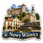Magnes pamiątkowy Nowy Wiśnicz z widokiem na zamek, kościół i ratusz