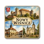 Magnes pamiątkowy Nowy Wiśnicz z motywem zamku, ratusza i kościoła