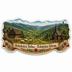 Pamiątkowy magnes Ochotnica Dolna i Ochotnica Górna z górskim krajobrazem, drewnianymi domami, kościołem, owcami i lasem