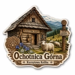 Magnes pamiątkowy Ochotnica Górna – Kurnytowa Koliba, drewniany dom, góry, las i owce